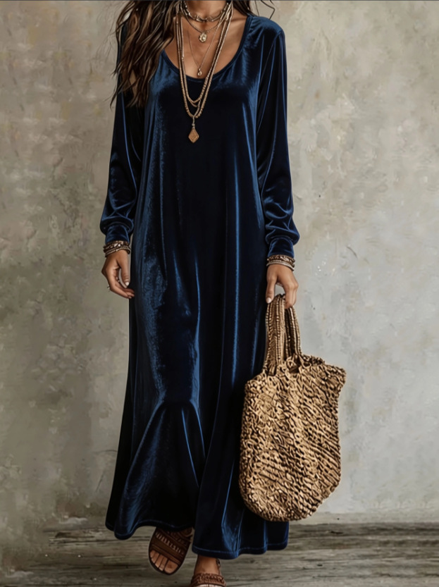 Annuo  Women's Fall Winter Elegant Velvet Long Dress, Long Sleeve Maxi Dres