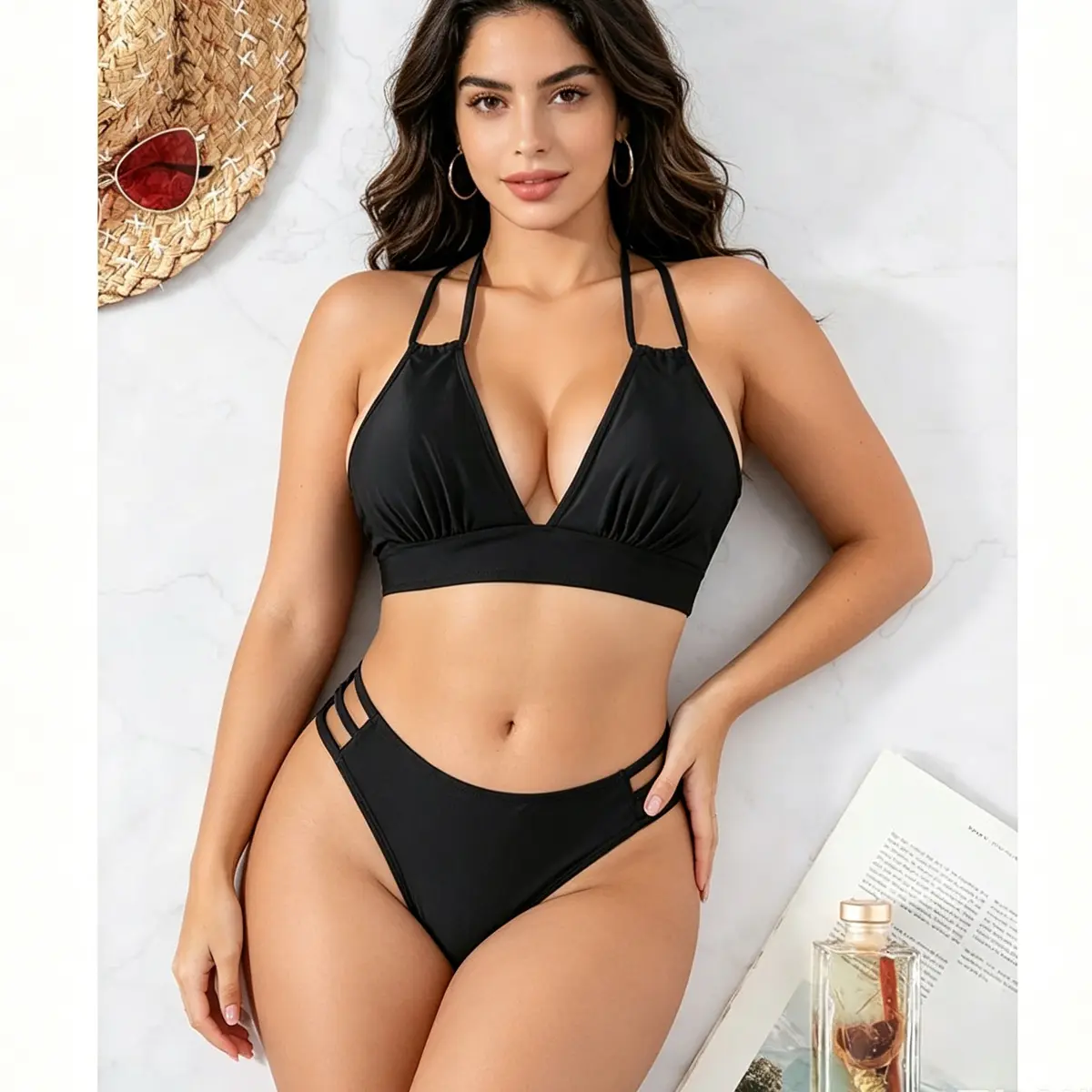 Women's Black Double Strap Bikini Set, Plunge