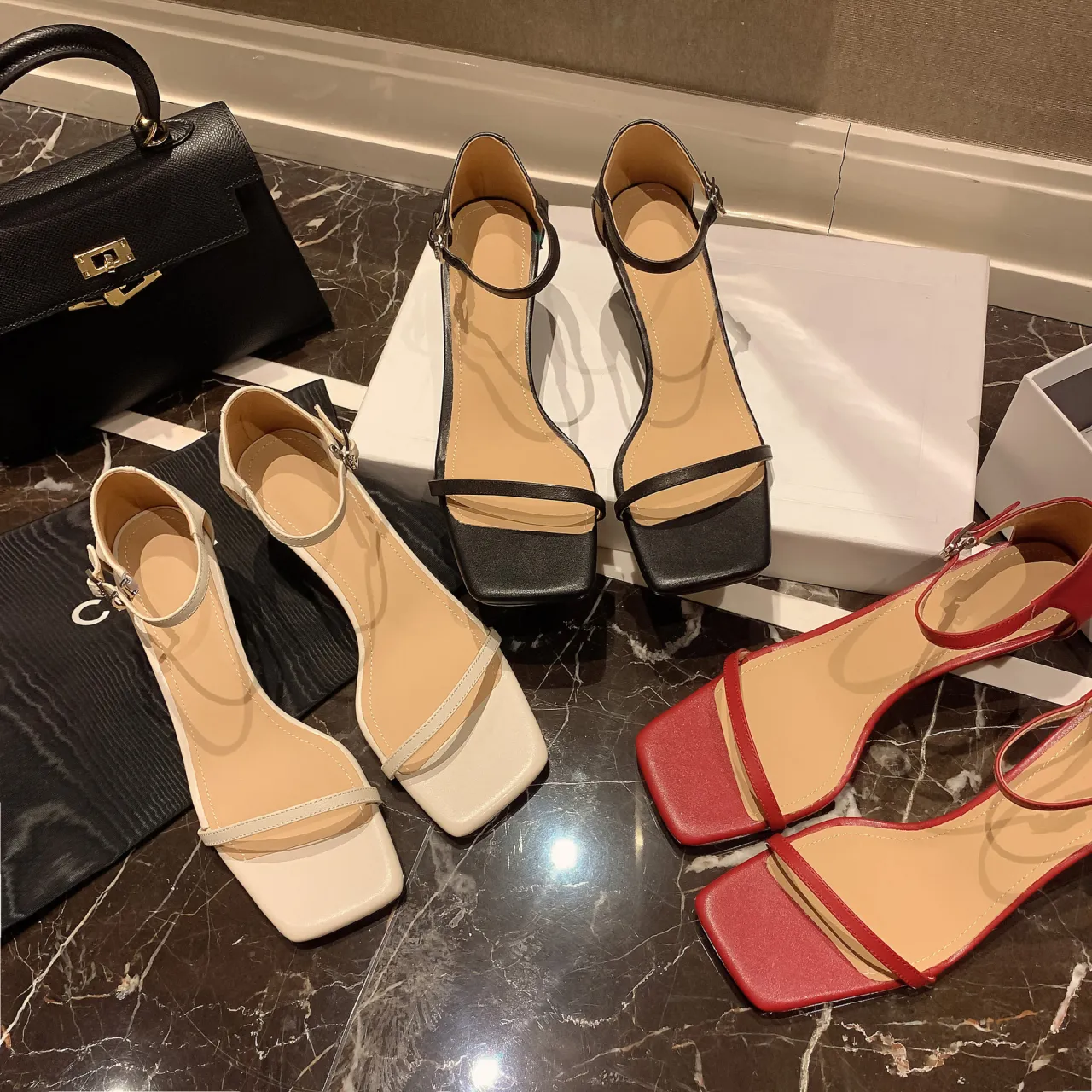 Women Minimalist Square Toe Thin Strap Block