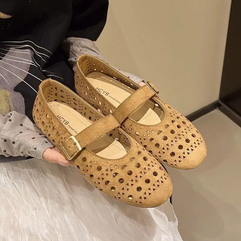 Women French Vintage Cutout Perforated Flats, Round Toe Full Carved Matte Suede Lightweight Summer Vacation Casual Walking Ballet Shoes