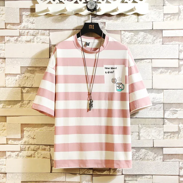 New Men's Fashion Striped Round Neck Short sleeved T shirt Pink - Shop at LoveMi