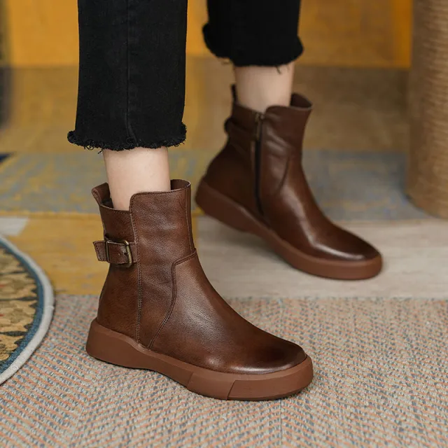 Vintage Shoes Women Ankle Boots With Buckle Side Zipper Brown - Shop at LoveMi