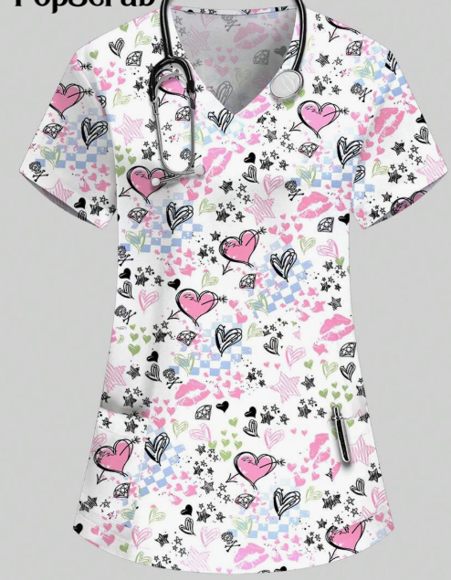 Plus Size Women's Vibrant Print Scrub Top Casual V-Neck Short Sleeve