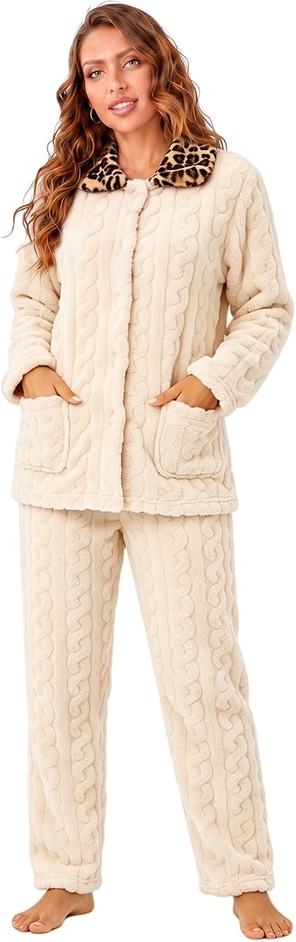 RONGTAI Leopard Button Down Pajama Set Long Sleeve Plush Fleece PJs — image 8