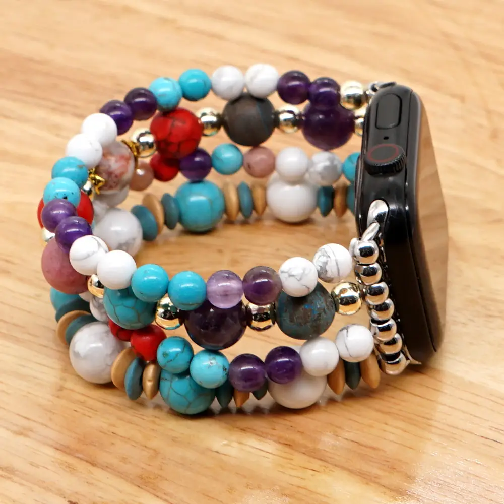White Pine Turquoise Amethyst Gold Bead Watch Strap