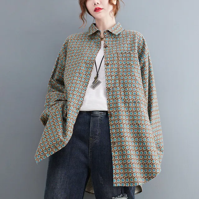 Women's Autumn And Winter New Retro Print Loose Coat Shirt Green - Shop at LoveMi