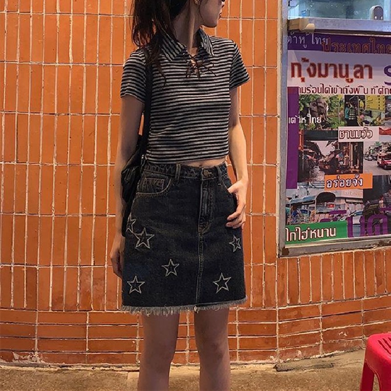 Star Embroidery American Vintage Denim Short Skirt Summer Women's High Waist Spice Girl Half Skirt Bag Hip Skirt Black Embroidery - Shop at LoveMi