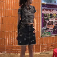 Star Embroidery American Vintage Denim Short Skirt Summer Women's High Waist Spice Girl Half Skirt Bag Hip Skirt - Black Embroidery - View 1
