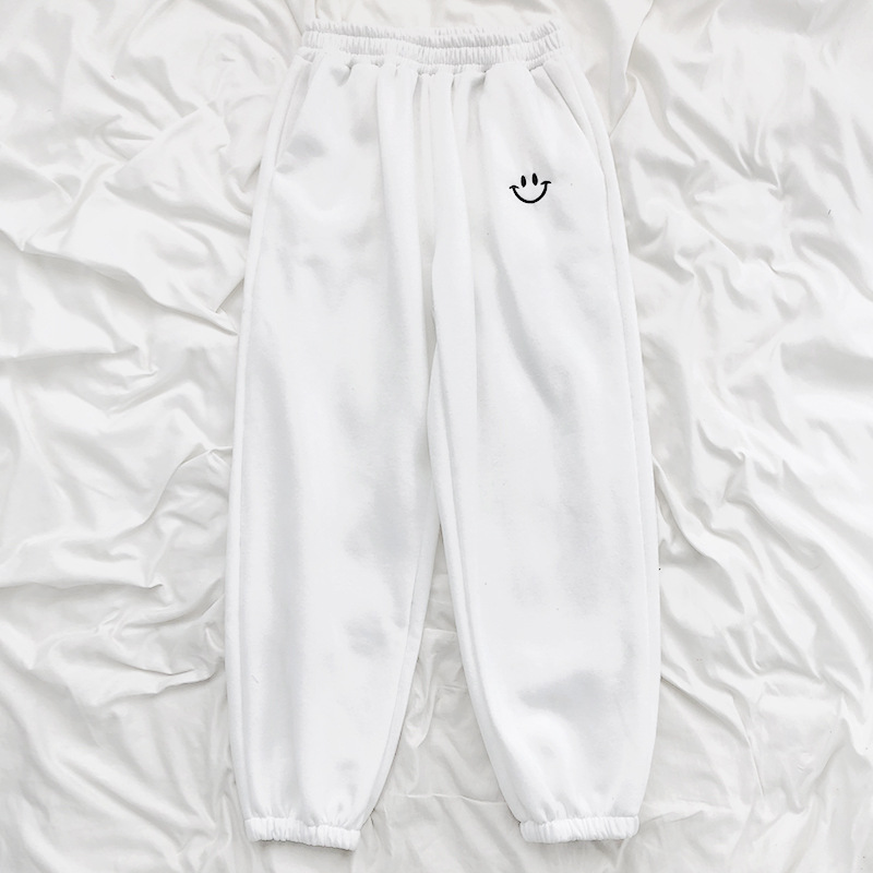 Sporty Smiley Face Embroidered High-waisted Trousers