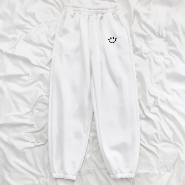 Sporty Smiley Face Embroidered High waisted Trousers White - Shop at LoveMi