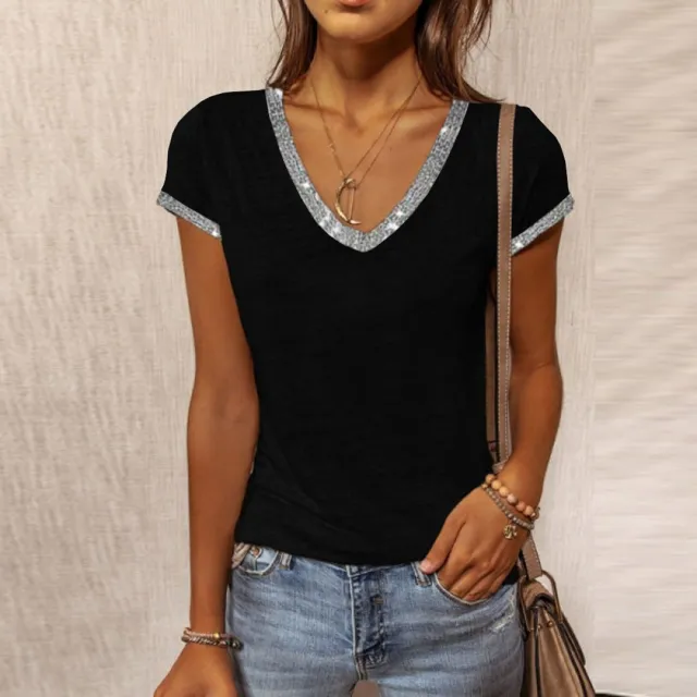 Women's Summer V Neck Contrast Color Slim Short Sleeved T Shirt Black - Shop at LoveMi
