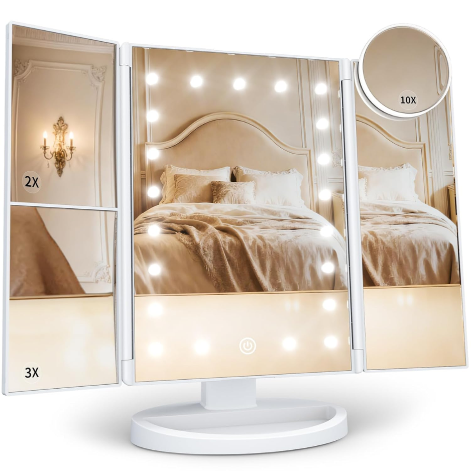 Magnifying Vanity Mirror With Light, Trifold Makeup Mirror Touch Dimming, Dual Power, Clear View For Makeup, Skincare. Dorm Room