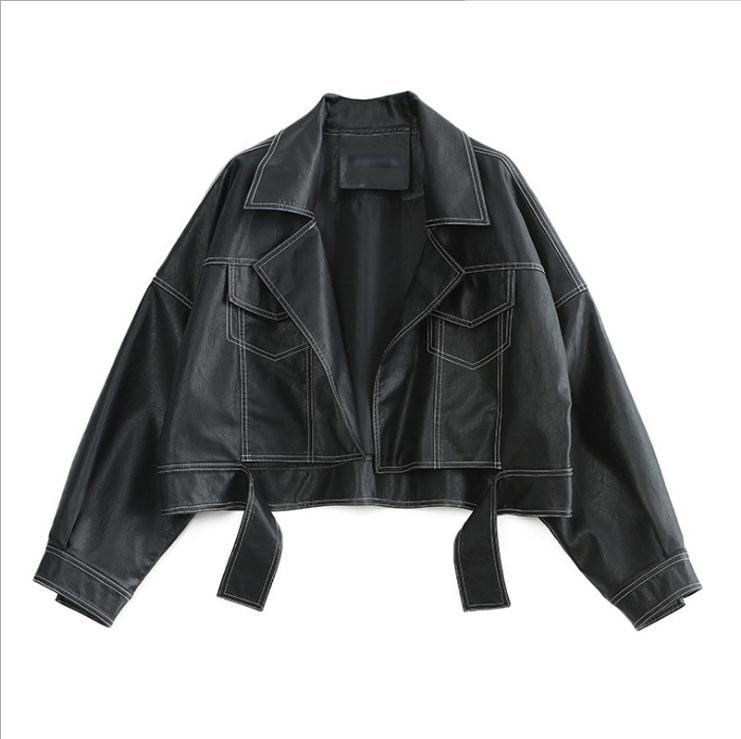 Black And White Line Lapel Women's PU Leather Jacket