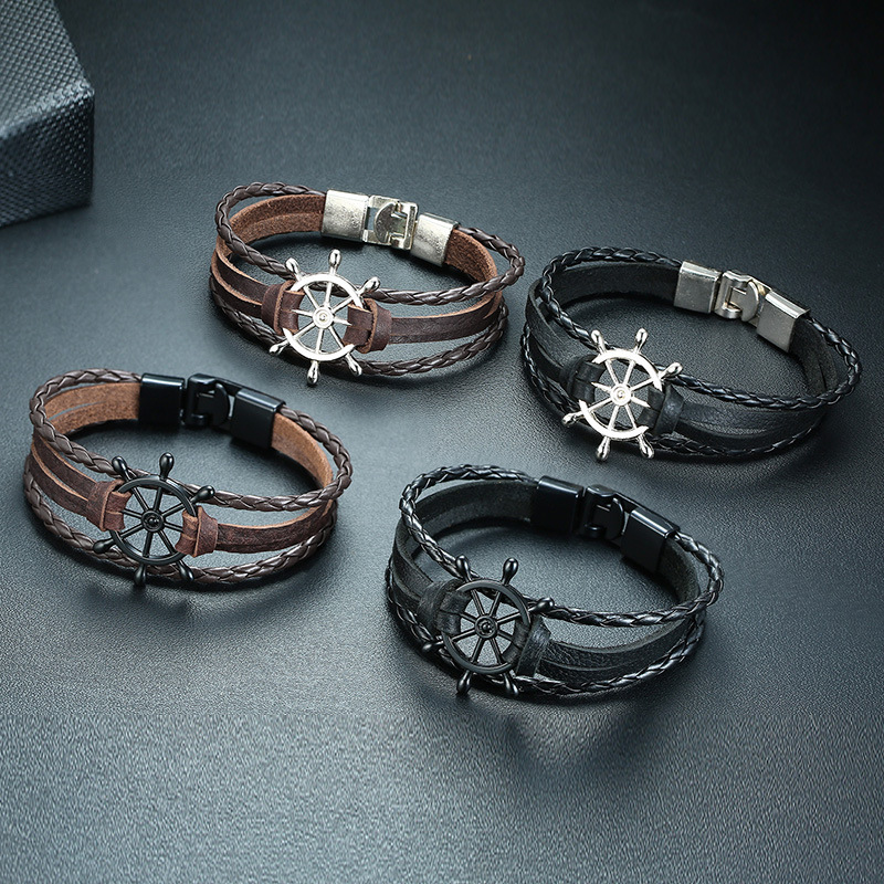 Title 4, Alloy Buckle Rudder Leather Bracelet Black