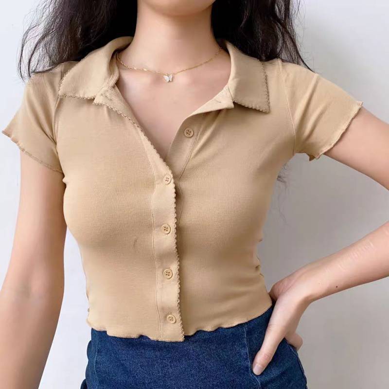 Knitted Solid Color Lapel Lace Cardigan Short Sleeves