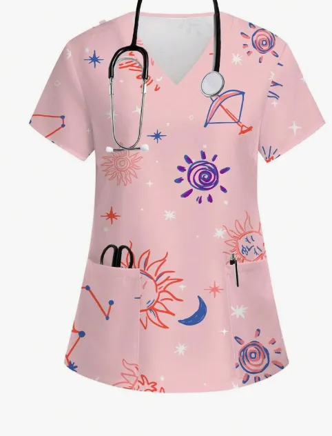 Plus Size Women's Vibrant Print Scrub Top Casual V Neck Short Sleeve Multicolour - Shop at LoveMi