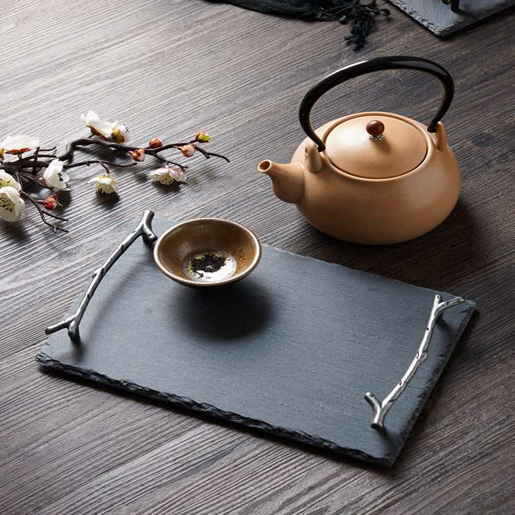 Title 7, Natural Black Slate Branch Handle Rectangular Tray