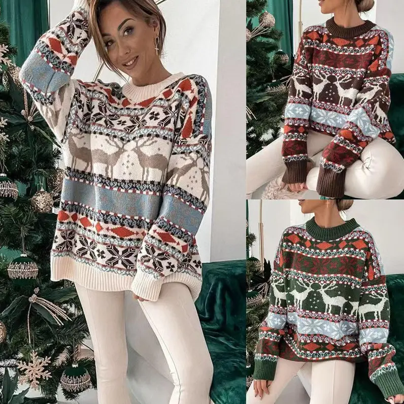 Women's Fashion Round Neck Loose Christmas Theme Jacquard Long