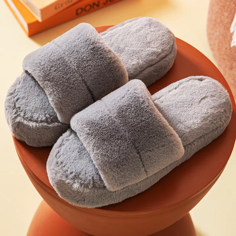 Indoor Lazy Flat-bottomed Plush Flip-flop Home Cotton Slippers - Grey