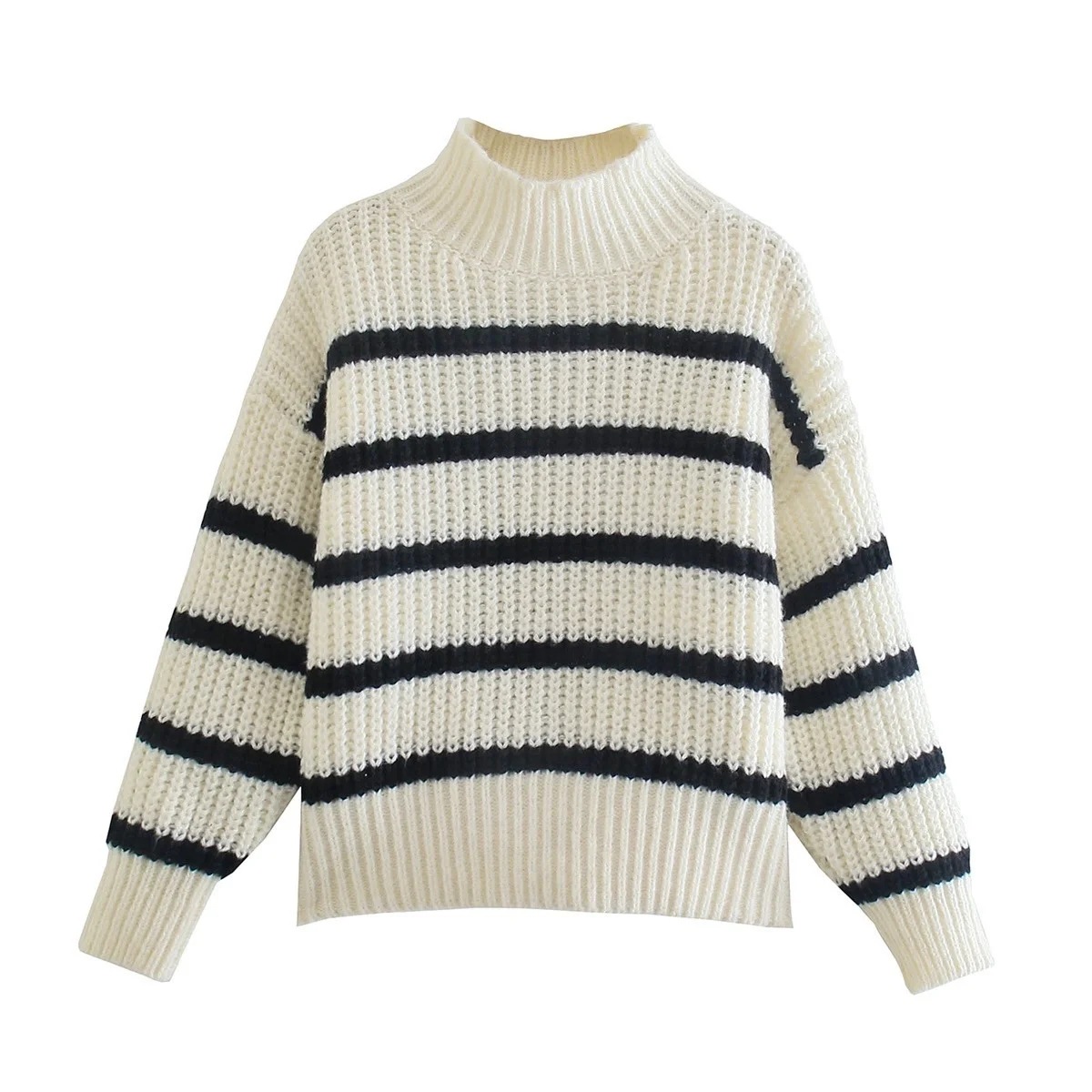 European And American Ins Striped Half Turtleneck Knitted Sweater Women Black - Shop at LoveMi