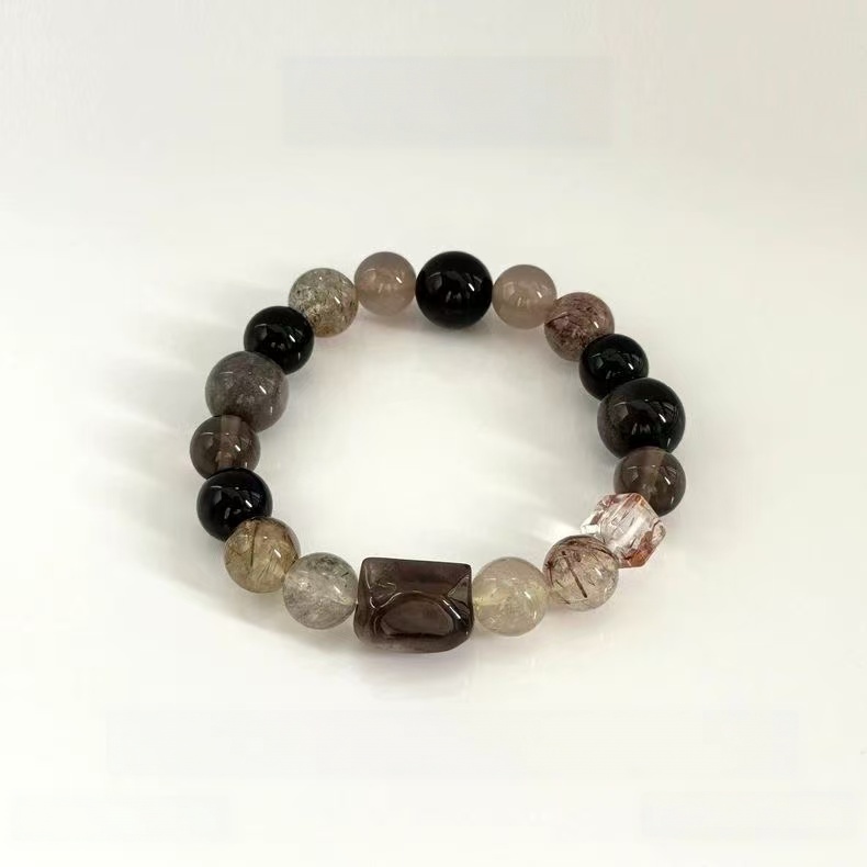 Natural Black Gold Super Seven  Smoky Quartz Bracelet Silver Obsidian Two Tone Beaded Chain Unisex Energy Jewelry