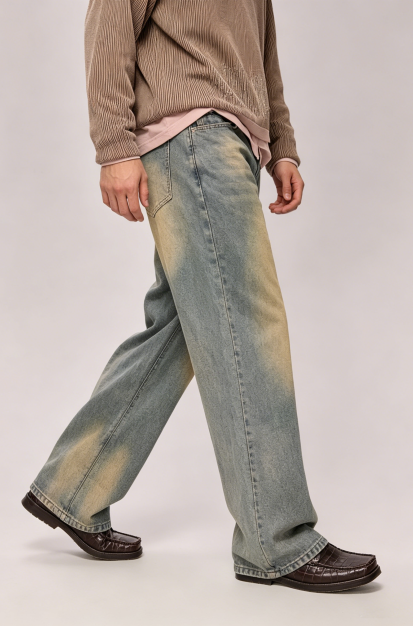 Dirty Wash Baggy Jeans Men Vintage Faded Wide Leg Denim Pants Retro Streetwear US Warehouse