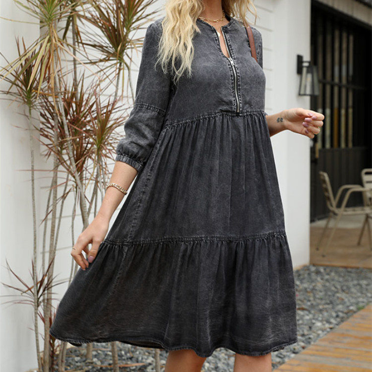 Women's Fashion Round Neck Zipper Large Hem Pleated Do-over Denim Dress