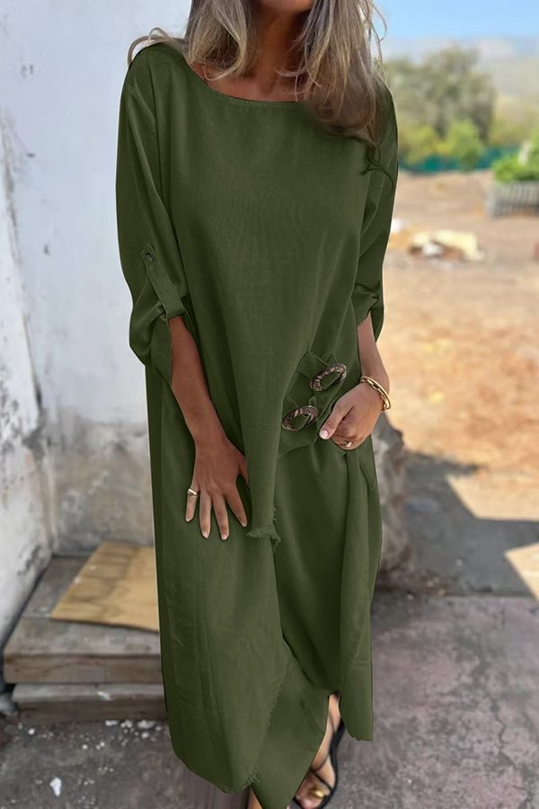 Loose Irregular Long Suit With Metal Button Design Round Neck Long sleeved Top And Straight Trousers Fashion Wide leg Pants Women's Clothing Army Green - Shop at LoveMi
