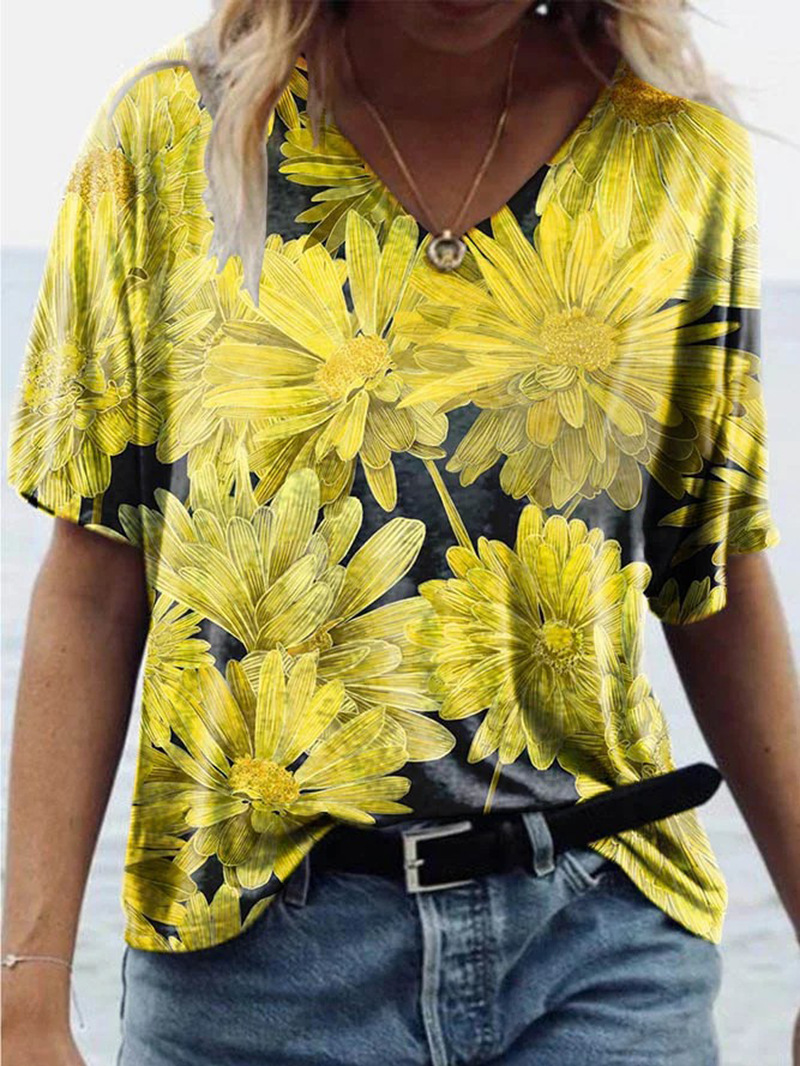Chrysanthemum Print V-neck Short-sleeved Casual And Comfortable Loose T-shirt