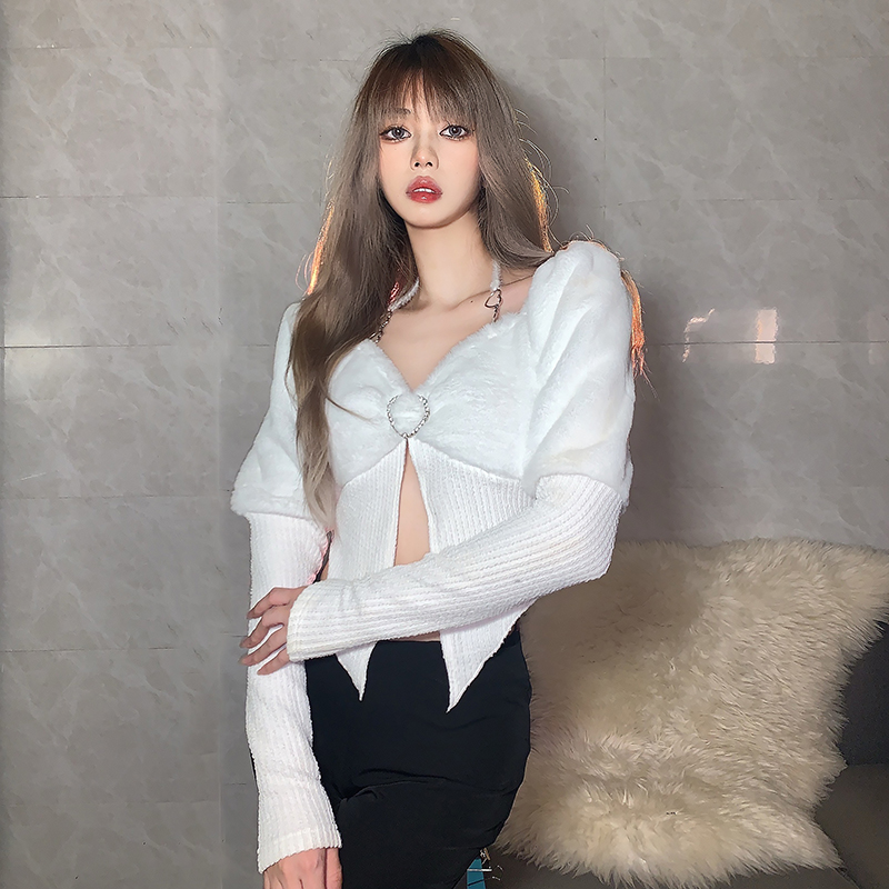 Women's Pure Desire Stitching Waxy Plush Long Sleeve Knitted Sweater