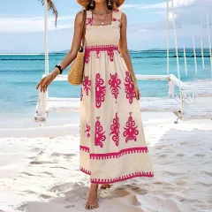 Women's Wide Strap Printed Maxi Dress With Bust Pleats, A-Line Vacation Dress - Rose Red - View 1