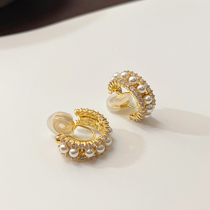 Title 5, Vintage C- Shaped Gold-plated Zircon Pearl Earr...