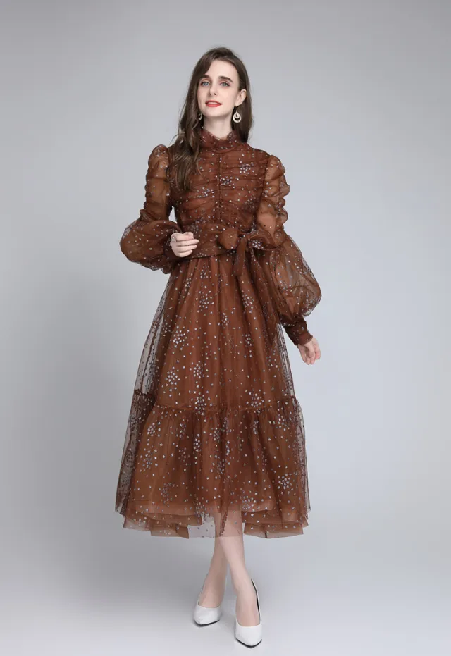 Women's Mesh Star Shiny Silk Print Waist Wrapping Slim Dress Brown - Shop at LoveMi