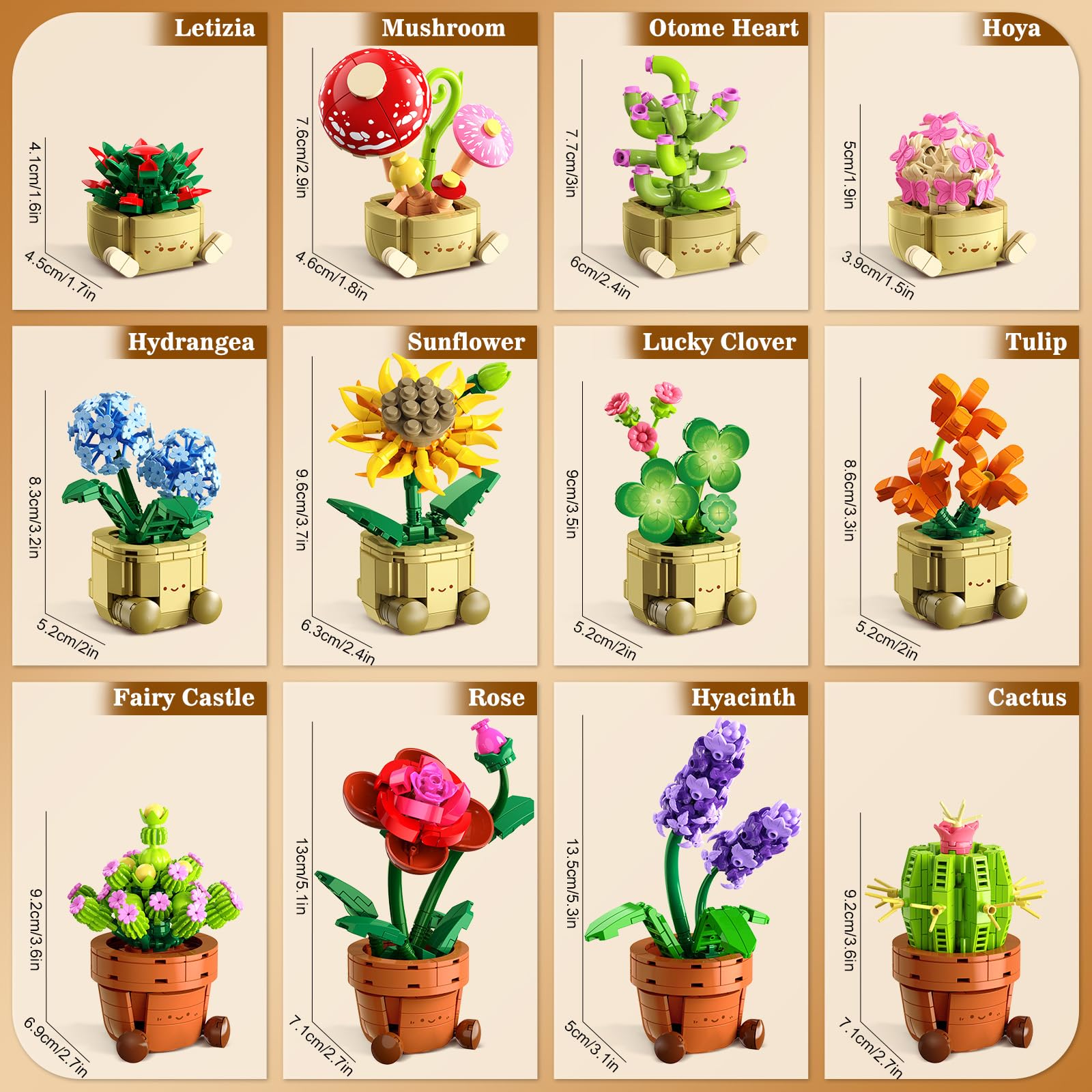 12 Pack Flowers Plants Mini Building Set - 1697PCS Flower Botanical 3.6MM Succulent Building Toy For Home Office Decor, Easter Birthday Party Favors Gift For Adults Girls Boys