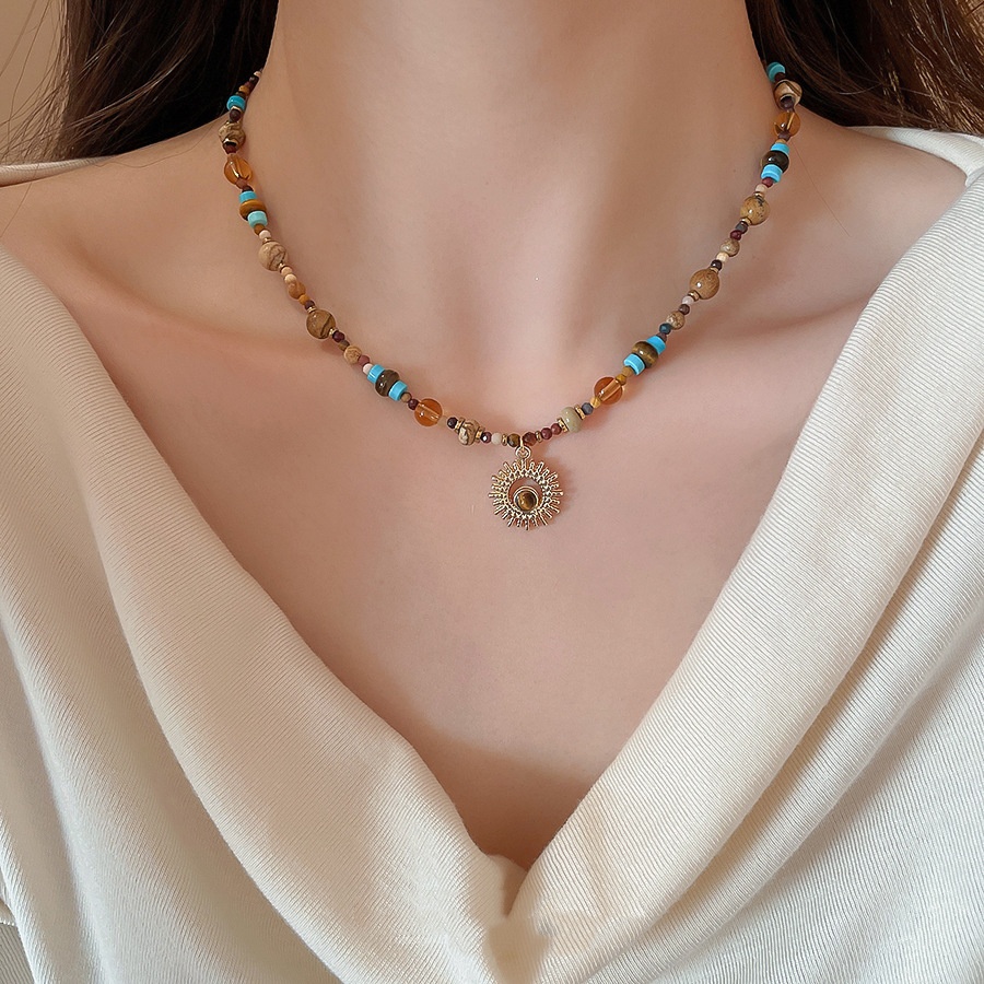 Titanium Steel Natural Stone Rice Bead Sunflower Bead Necklace