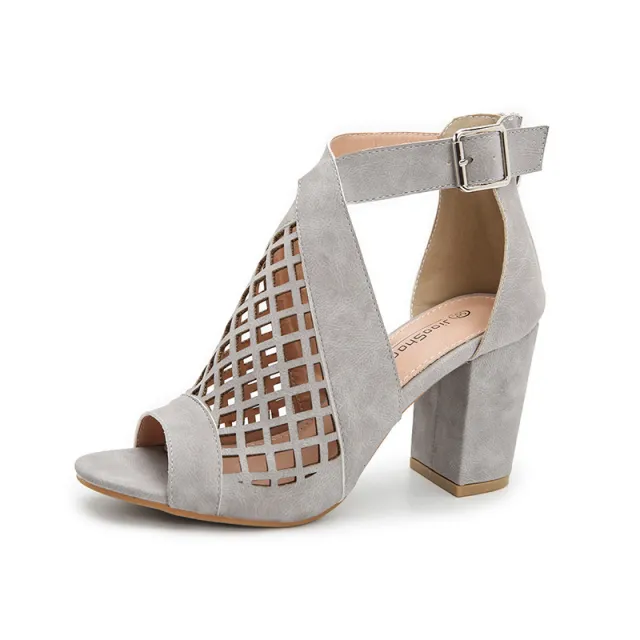 Women's Chunky High Heel Hollow Buckle Roman Shoes Grey - Shop at LoveMi
