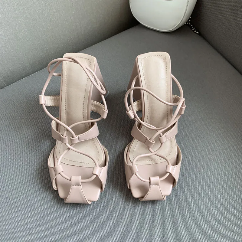 Square Toe Back Hollow Roman Lace Up High Heels - Apricot