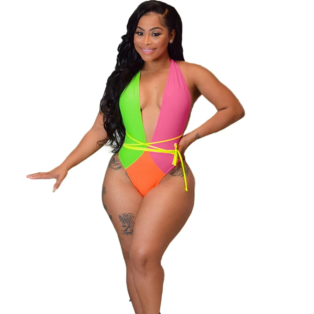 Fashion Contrast Patchwork Multicolor One Piece Swimsuit - Multicolor