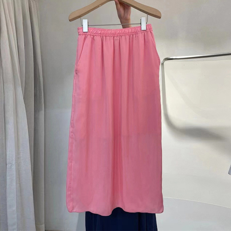 Elastic Waist Back Slit Mid-length Solid Color A-line Skirt