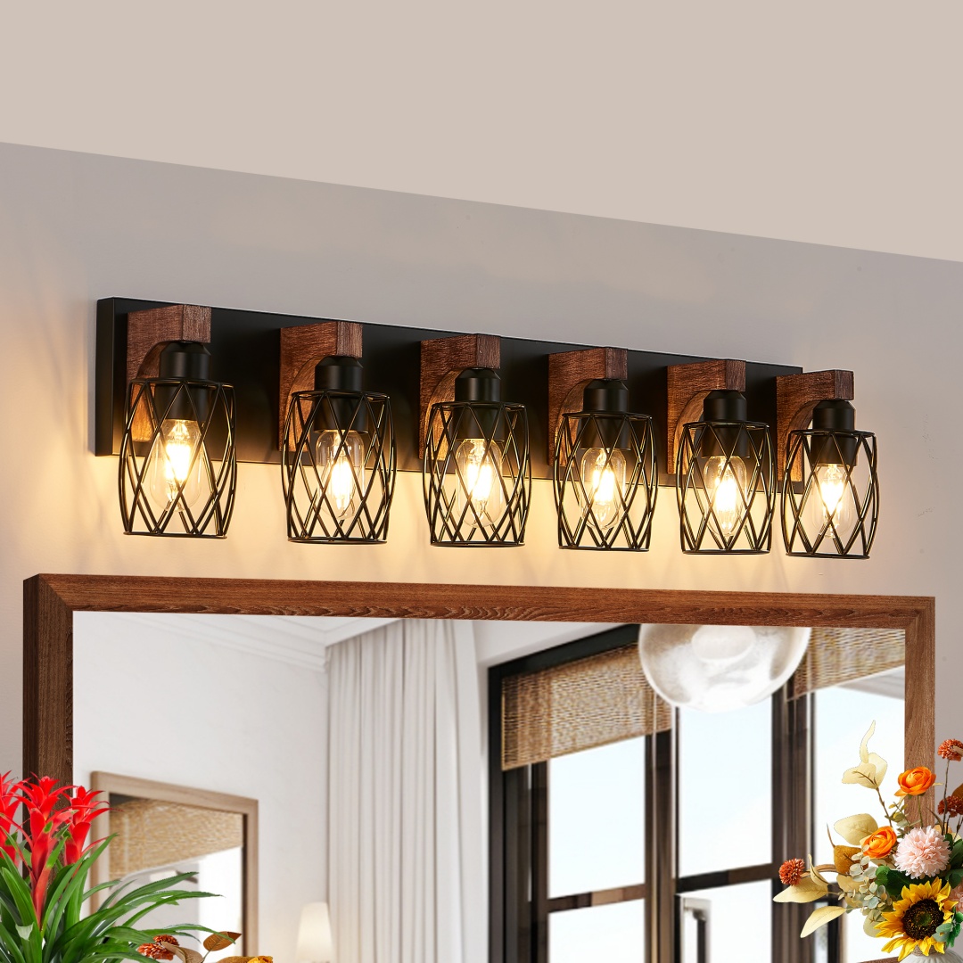 38 Industrial Vintage 6-Light Wall Sconce - Black Cage Wall Lighting Fixture With Wooden Accents For Bathroom, Hallway, Or Living Room Bulb Not Included