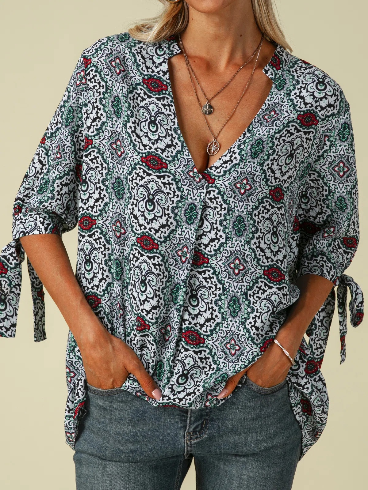 Printed Standing Collar Five Points Knotted Loose Shirt