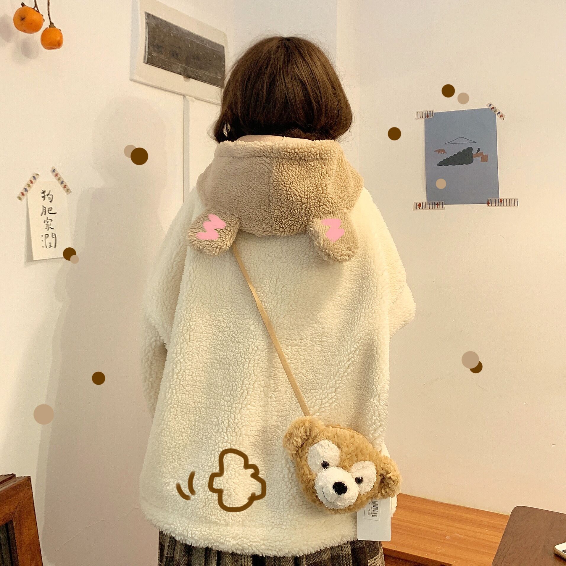 Japanese Loose Cute Bear Ear Lamb Fur Coat Women