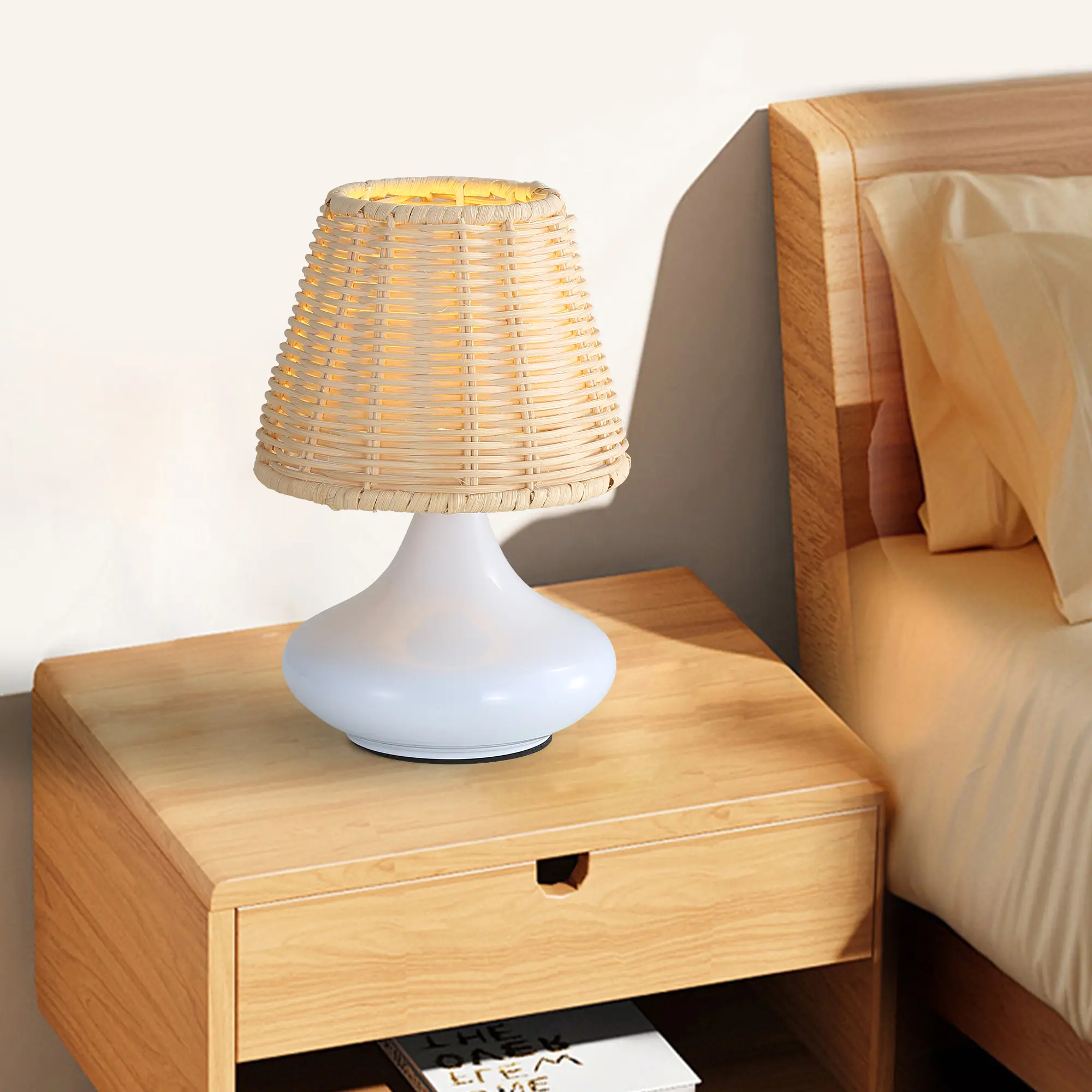 White Woven Bamboo Table Lamp Dimmable Desk Lamp Night Light With Iron Base & Three Color Temperatures