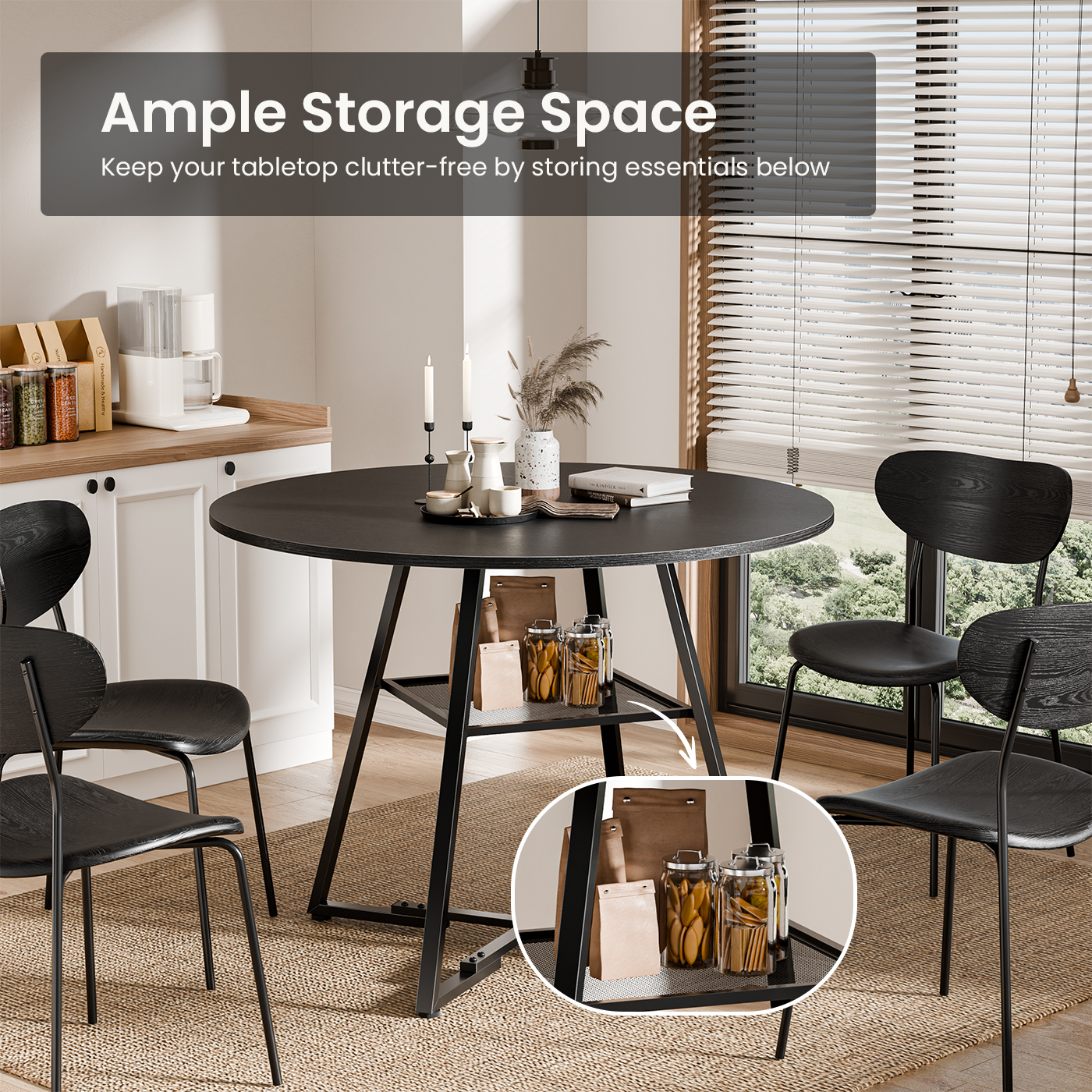 Round Table, Suitable For 4 To 6 People, A Space-saving Kitchen Table With Double-layer Storage Function, Metal Base Frame
