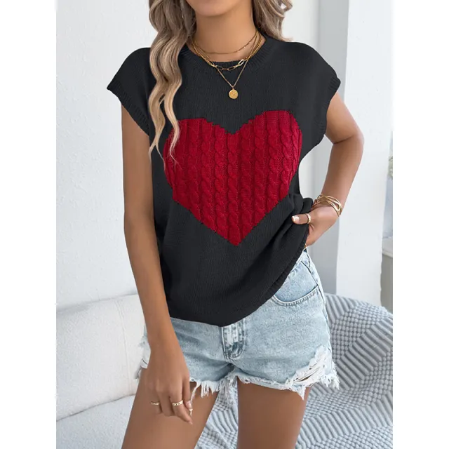 Women's Heart Color Block Knit Top Casual Sleeveless Valentine Shirt Black - Shop at LoveMi