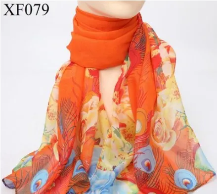 Spring And Autumn Print Chiffon Scarf Shawl Xf079 Phoenix Flower Orange - Shop at LoveMi