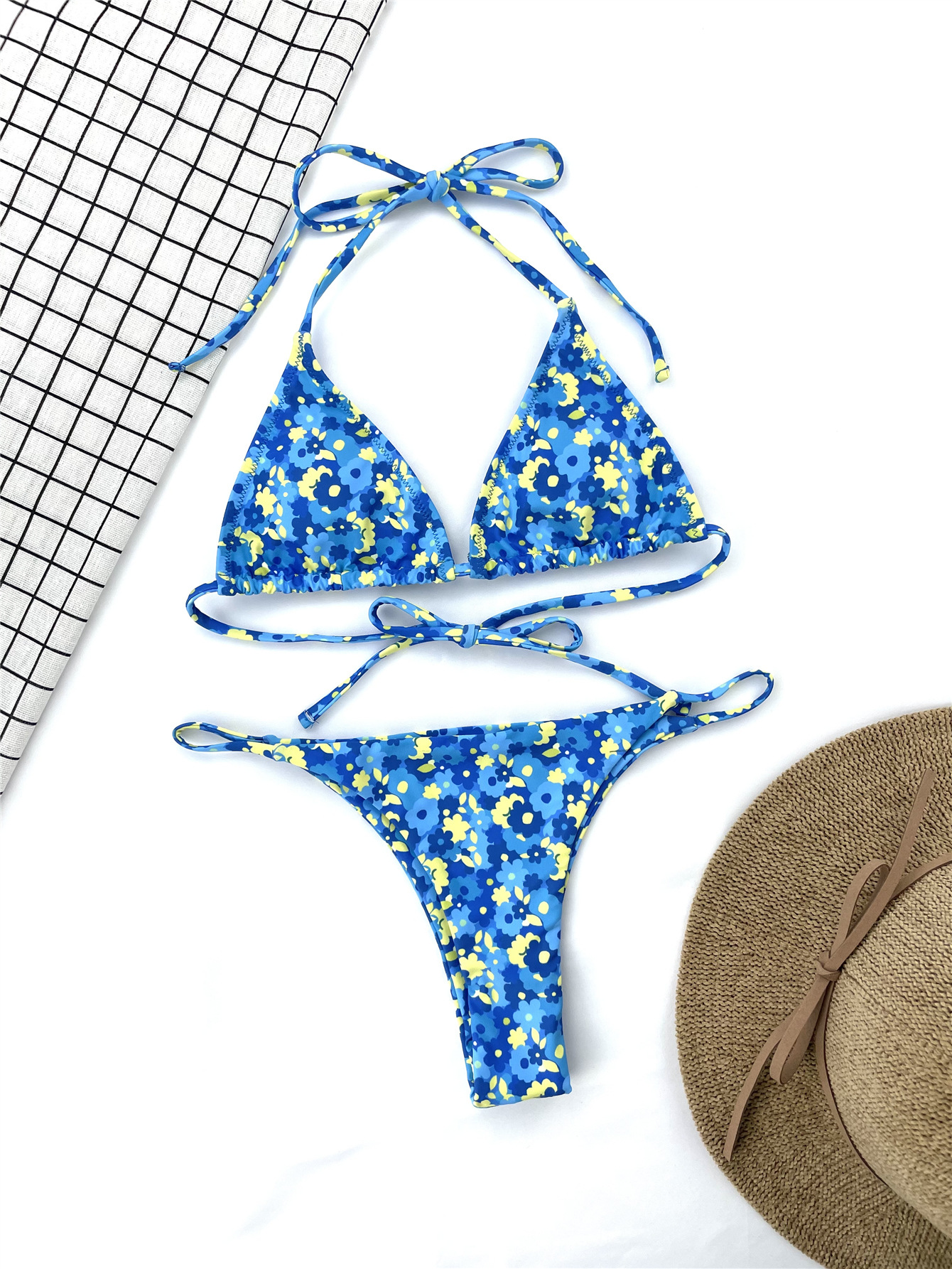 Title 3, Ladies Split Swimsuit Blue Floral Lace-Up Bikini