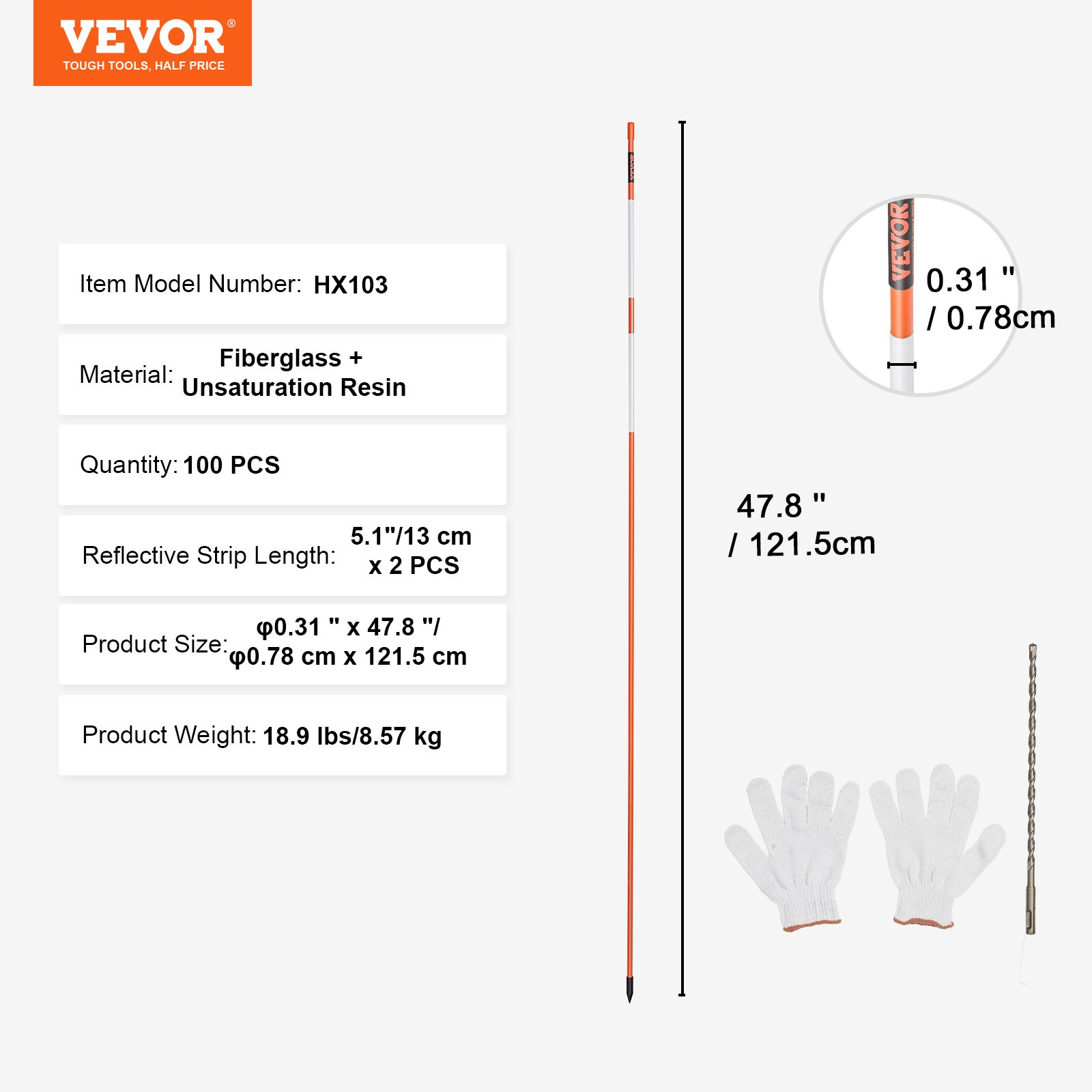 VEVOR Driveway Markers100PCS 48 Inch, 0.4 Inch Diameter, Orange Fiberglass Poles Snow Stakes With Reflective Tape, Steel Drill Bit & Protection Gloves For Parking Lots, Walkways Easy Visibility image 3