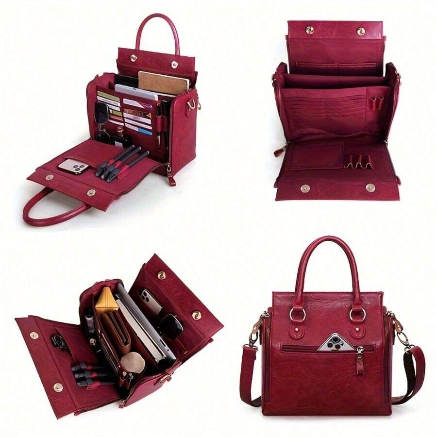 Ladies Vintage Tote Bag - Large Capacity Handbag With Multiple Pockets, Detachable Shoulder Strap And Wristlet, Snap Closure, Fashion Accessory ,Vintage Design, Glossy Finish, Perfect Valentine — view 2