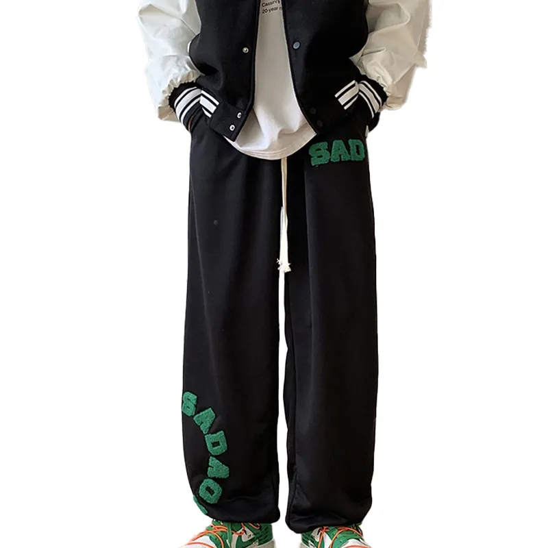 Men's Loose Towel Embroidered Sweatpants Casual Trousers - Black